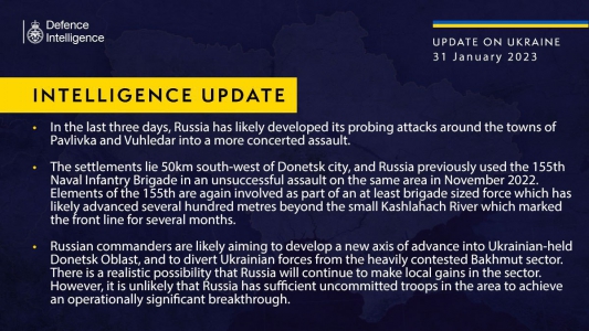 РФ намагається розвинути новий напрям наступу в Донецькій області, але прорив малоймовірний — британська розвідка РФ намагається розвинути новий напрям наступу в Донецькій області, але прорив малоймовірний — британська розвідка
